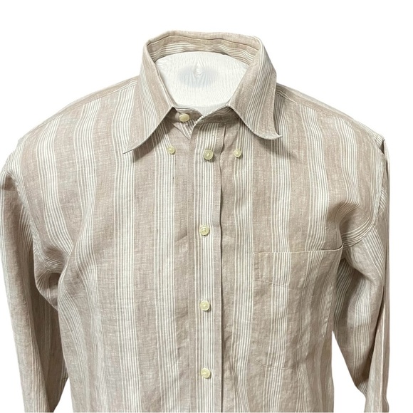 Jos. A. Bank Traveler’s Collection Linen Long Sleeve Button Shirt M Beige Stripe - Picture 2 of 11